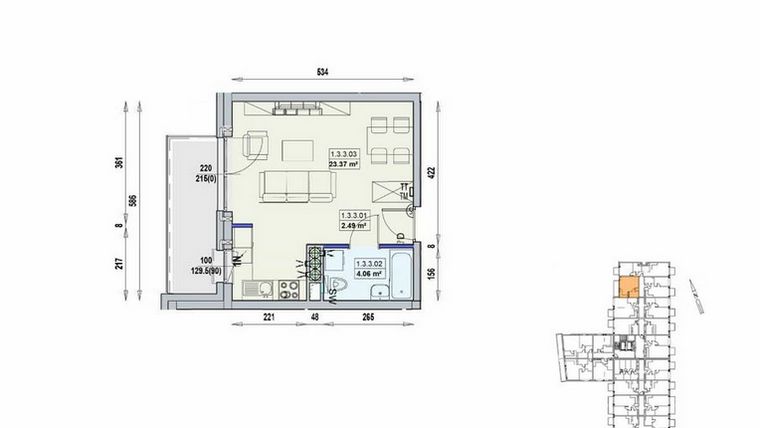 Rzut - Mieszkanie na sprzedaż 1 pokój o powierzchni 29,92 m² - numer 1/3/3/1a w Gwarna