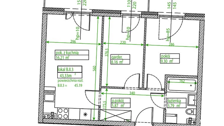 Rzut - Mieszkanie na sprzedaż 2 pokoje o powierzchni 43,33 m² - numer B.II.3 w Osiedle Opolska