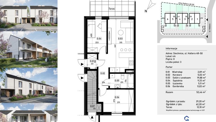 Rzut - Mieszkanie na sprzedaż 3 pokoje o powierzchni 52,46 m² - numer 4a w Przystań Siechnice