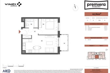 Rzut - Mieszkanie na sprzedaż 2 pokoje o powierzchni 41,94 m² - numer C.13 w Premiera Bemowo