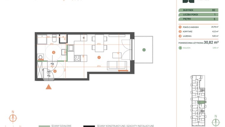 Rzut - Mieszkanie na sprzedaż 1 pokój o powierzchni 30,82 m² - numer M.05.07 w Casa Feliz Portowa