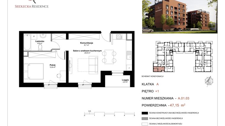 Rzut - Mieszkanie na sprzedaż 2 pokoje o powierzchni 47,8 m² - numer A-01-03 w Siedlecka Residence