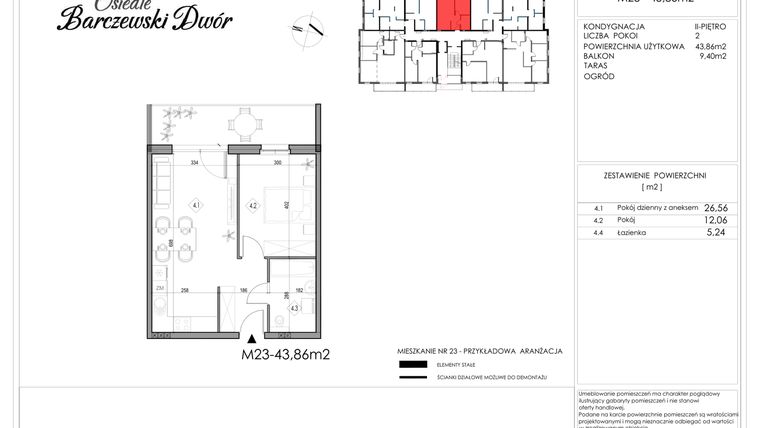 Rzut - Mieszkanie na sprzedaż 2 pokoje o powierzchni 43,86 m² - numer 23 w Osiedle Barczewski Dwór etap II