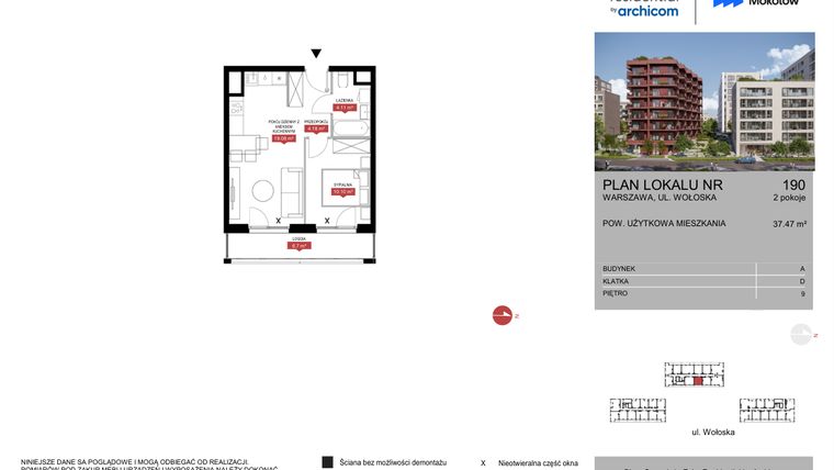 Rzut - Mieszkanie na sprzedaż 2 pokoje o powierzchni 37,47 m² - numer A.190 w Modern Mokotów etap 1 budynek A, B1 i B2