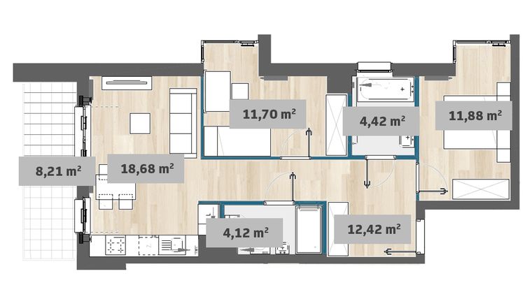 Rzut - Mieszkanie na sprzedaż 3 pokoje o powierzchni 63,3 m² - numer F1.E.02.04 w Sady Żoliborz