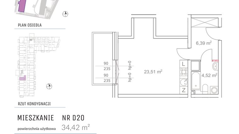 Rzut - Mieszkanie na sprzedaż 1 pokój o powierzchni 34,42 m² - numer D20 w Osiedle Impresja 2