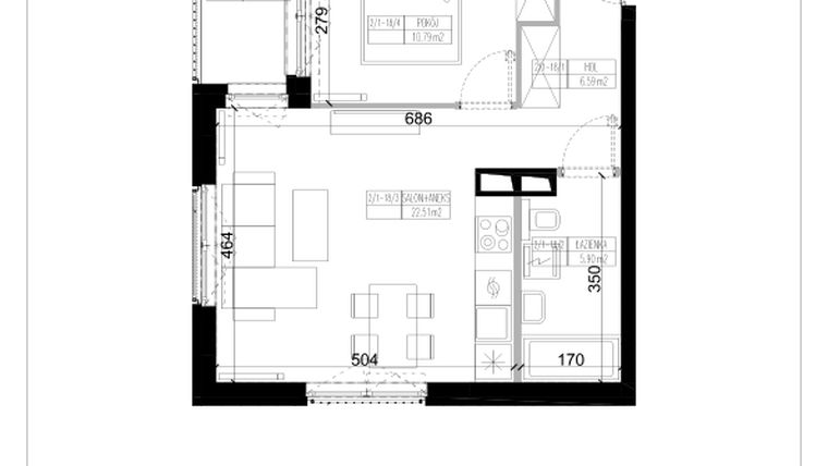 Rzut - Mieszkanie na sprzedaż 2 pokoje o powierzchni 45,79 m² - numer 1.18 w Ogrody Wiślane etap VI