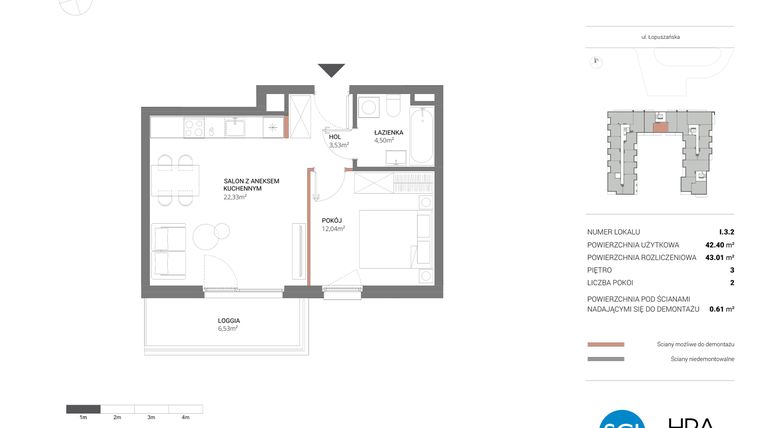 Rzut - Mieszkanie na sprzedaż 2 pokoje o powierzchni 43,01 m² - numer I.3.2 w Łopuszańska 47 - etap 3