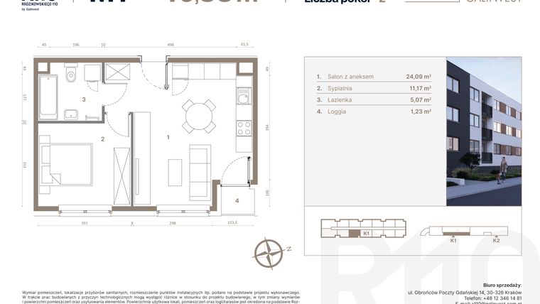 Rzut - Mieszkanie na sprzedaż 2 pokoje o powierzchni 40,33 m² - numer 1 w Radzikowskiego 110