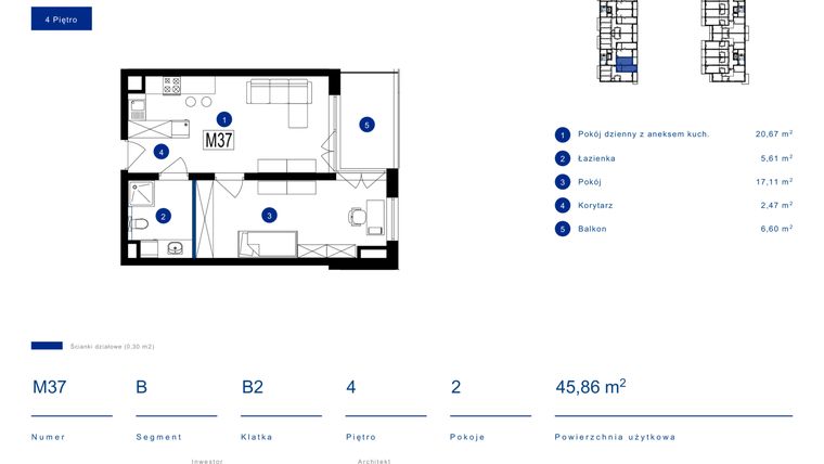 Rzut - Mieszkanie na sprzedaż 2 pokoje o powierzchni 45,86 m² - numer 37B w Przy Bursztynowej