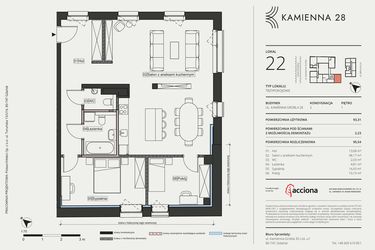 Rzut - Mieszkanie na sprzedaż 3 pokoje o powierzchni 95,42 m² - numer 28.22 w Kamienna 28