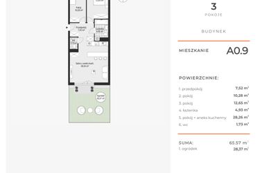 Rzut - Mieszkanie na sprzedaż 3 pokoje o powierzchni 65,49 m² - numer A0.9 w Enklawa Bukowa