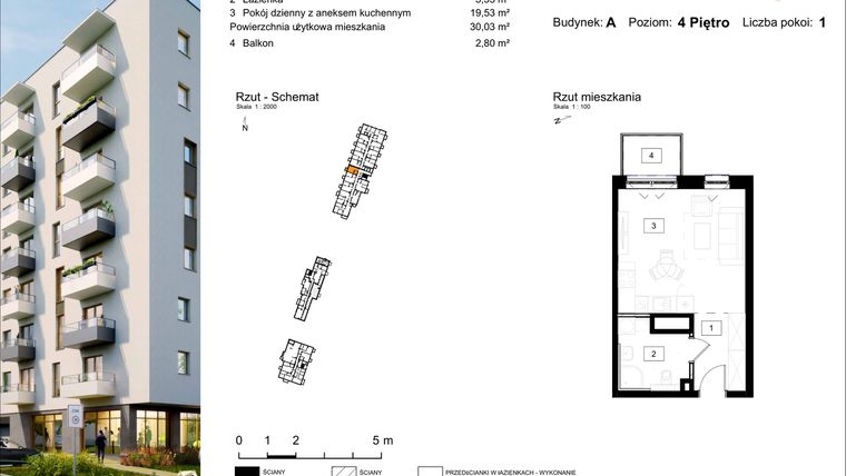 Rzut - Mieszkanie na sprzedaż 1 pokój o powierzchni 30,03 m² - numer A.57 w Osiedle Kochanowskiego - Gliwice