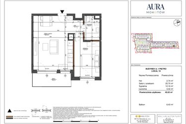 Rzut - Mieszkanie na sprzedaż 2 pokoje o powierzchni 45,02 m² - numer 19 w Aura Mokotów II