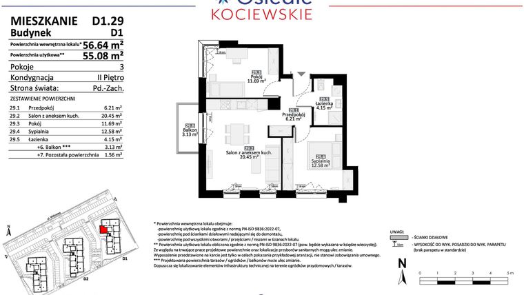 Rzut - Mieszkanie na sprzedaż 3 pokoje o powierzchni 55,08 m² - numer D1.29 w Osiedle Kociewskie etap IV