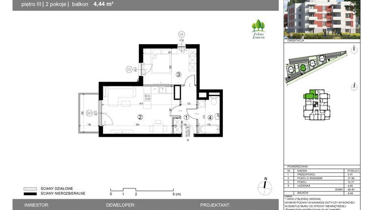 Rzut - Mieszkanie na sprzedaż 2 pokoje o powierzchni 44,45 m² - numer 14G.44 w Zielone Zamienie X