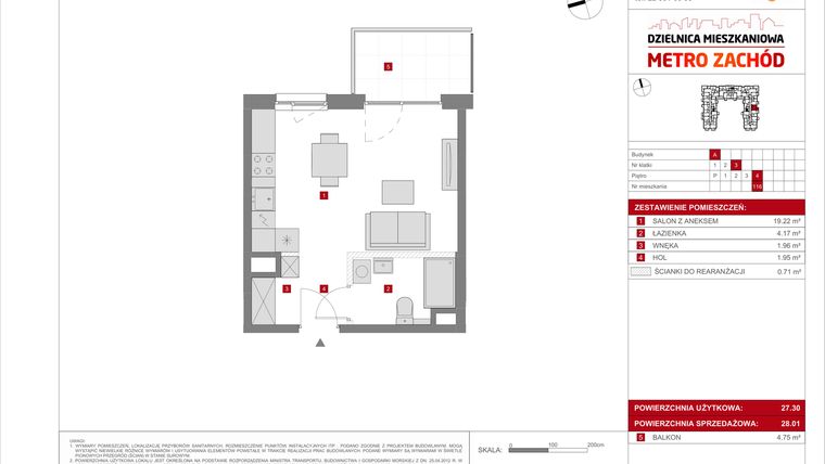 Rzut - Mieszkanie na sprzedaż 1 pokój o powierzchni 28,01 m² - numer A.116 w Dzielnica Mieszkaniowa Metro Zachód - etap 8.1