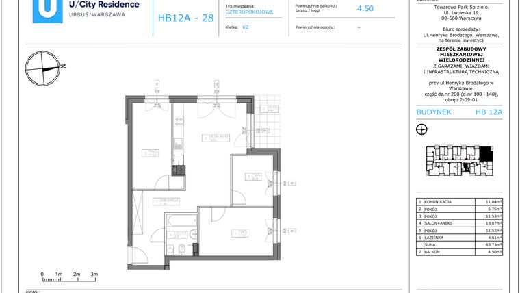 Rzut - Mieszkanie na sprzedaż 4 pokoje o powierzchni 63,67 m² - numer HB 12A - 28 w U-City Residence
