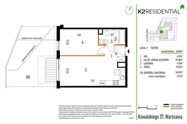 Rzut - Mieszkanie na sprzedaż 2 pokoje o powierzchni 44,81 m² - numer 9 w Kowalskiego 37