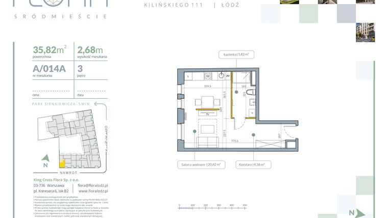 Rzut - Mieszkanie na sprzedaż 1 pokój o powierzchni 35,82 m² - numer A.14A w Flora Śródmieście