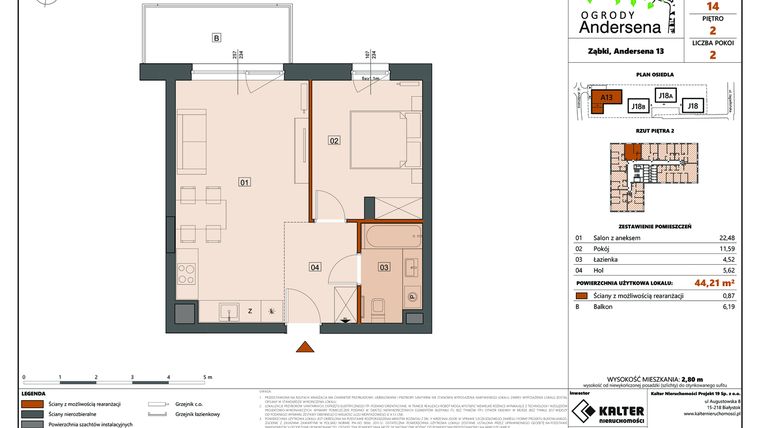 Rzut - Mieszkanie na sprzedaż 2 pokoje o powierzchni 44,21 m² - numer 14A w Ogrody Andersena