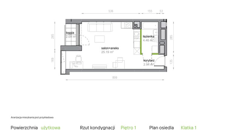 Rzut - Mieszkanie na sprzedaż 1 pokój o powierzchni 32,59 m² - numer K1/1/06 w Piękna Vita