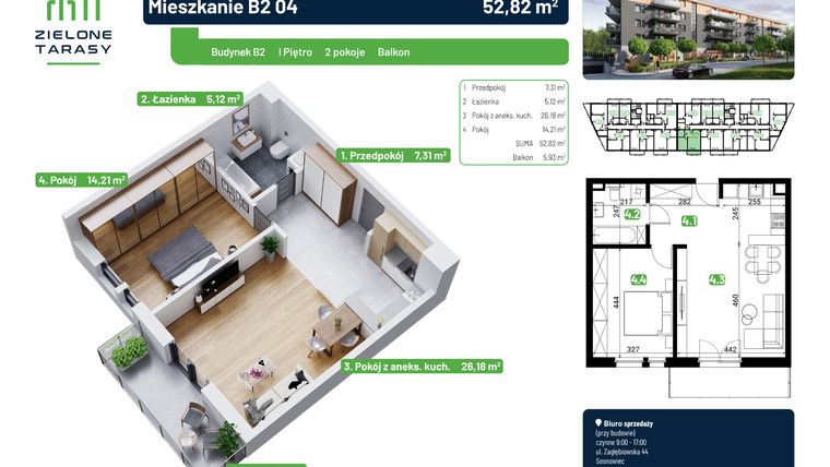 Rzut - Mieszkanie na sprzedaż 2 pokoje o powierzchni 52,82 m² - numer B2.04 w Zielone Tarasy