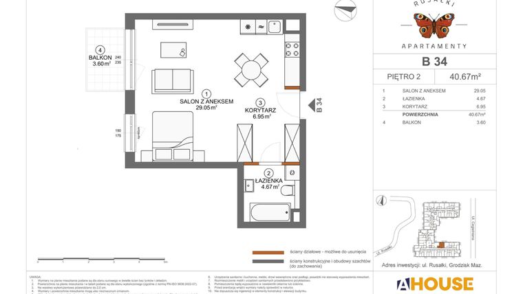 Rzut - Mieszkanie na sprzedaż 1 pokój o powierzchni 40,67 m² - numer B34 w Apartamenty Rusałki