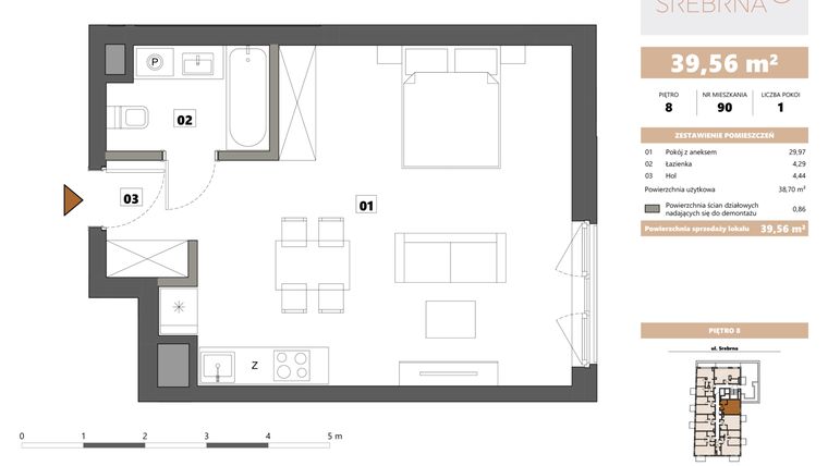 Rzut - Mieszkanie na sprzedaż 1 pokój o powierzchni 39,56 m² - numer 90 w Srebrna 5