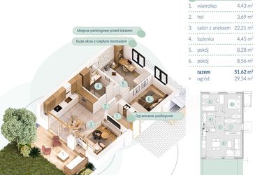 Rzut - Mieszkanie na sprzedaż 3 pokoje o powierzchni 51,62 m² - numer A.5.1 w Enklawa