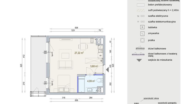 Rzut - Mieszkanie na sprzedaż 1 pokój o powierzchni 35,89 m² - numer D/9/3/1A w Modern Mokotów bud. F1 i F2