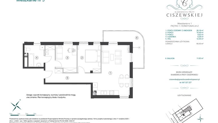 Rzut - Mieszkanie na sprzedaż 3 pokoje o powierzchni 64,43 m² - numer 5 w Kamienica przy Ciszewskiej