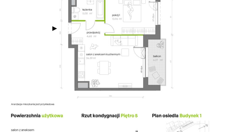 Rzut - Mieszkanie na sprzedaż 2 pokoje o powierzchni 50,38 m² - numer 1.05.M61 w Morska Vita
