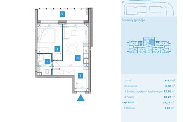 Rzut - Mieszkanie na sprzedaż 2 pokoje o powierzchni 35,57 m² - numer 32 w Apartamenty Macadamia