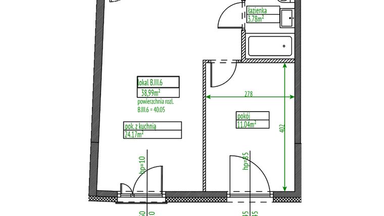 Rzut - Mieszkanie na sprzedaż 2 pokoje o powierzchni 38,99 m² - numer B.III.6 w Osiedle Opolska