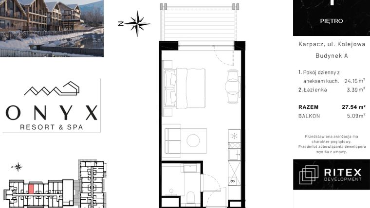 Rzut - Mieszkanie na sprzedaż 1 pokój o powierzchni 27,67 m² - numer NR 01.A14 w Onyx Resort & Spa