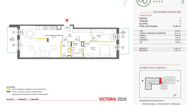 Rzut - Mieszkanie na sprzedaż 3 pokoje o powierzchni 70,4 m² - numer 26 w Olchowy Park VII