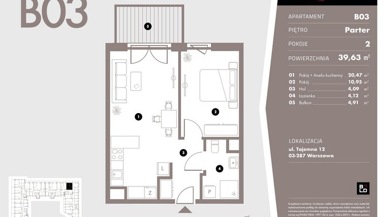 Rzut - Mieszkanie na sprzedaż 2 pokoje o powierzchni 39,63 m² - numer B03 w Livo