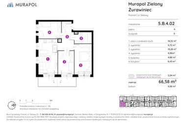 Rzut - Mieszkanie na sprzedaż 4 pokoje o powierzchni 67,04 m² - numer 5.B.4.02 w Murapol Zielony Żurawiniec