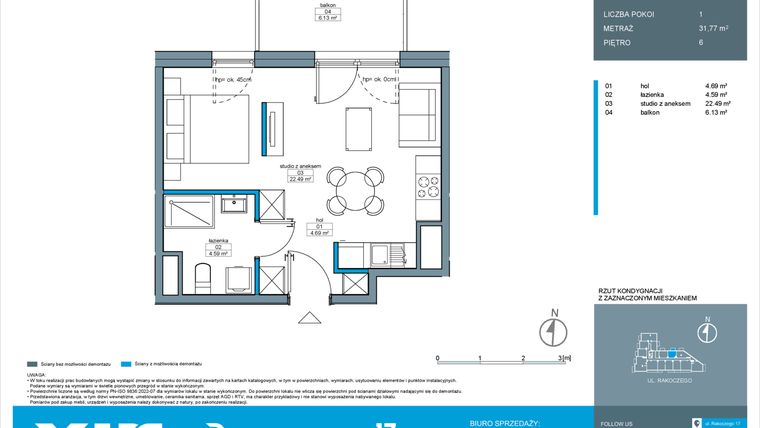 Rzut - Mieszkanie na sprzedaż 1 pokój o powierzchni 31,77 m² - numer A.6.2 w Rakoczego 17