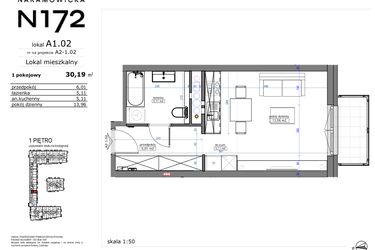 Rzut - Mieszkanie na sprzedaż 1 pokój o powierzchni 30,19 m² - numer A1.02 w Naramowicka 172