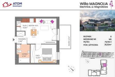 Rzut - Mieszkanie na sprzedaż 2 pokoje o powierzchni 35,53 m² - numer Bud.8-6 w Willa Magnolia