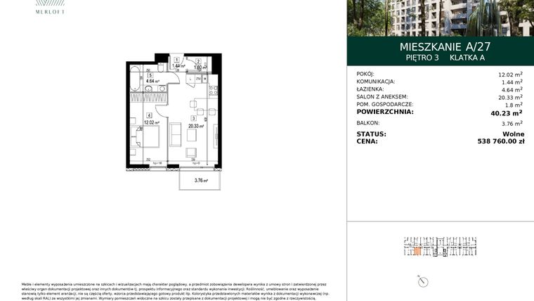 Rzut - Mieszkanie na sprzedaż 2 pokoje o powierzchni 40,23 m² - numer A/27 w Merloft
