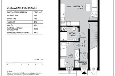 Rzut - Mieszkanie na sprzedaż 2 pokoje o powierzchni 43,11 m² - numer C5 w Kowalove etap 2