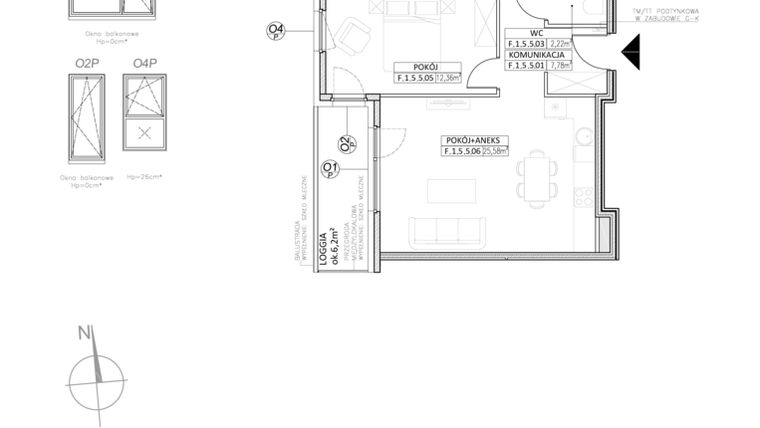 Rzut - Mieszkanie na sprzedaż 3 pokoje o powierzchni 64,8 m² - numer F.1.5.5 w Osiedle Koncept III