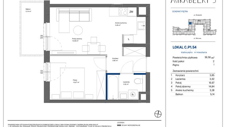 Rzut - Mieszkanie na sprzedaż 2 pokoje o powierzchni 36,56 m² - numer C.P1.54 w Mirabelki 5