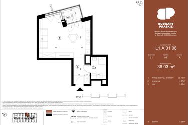 Rzut - Mieszkanie na sprzedaż 1 pokój o powierzchni 35,9 m² - numer L1.A.01.08 w Bulwary Praskie etap K i L