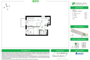 Rzut - Mieszkanie na sprzedaż 2 pokoje o powierzchni 40,68 m² - numer B/2/12 w Osiedle Parkowe Aleje etap III