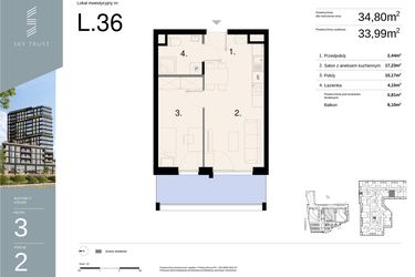 Rzut - Mieszkanie na sprzedaż 2 pokoje o powierzchni 34,8 m² - numer L36 w Sky Trust etap II - Apartamenty inwestycyjne