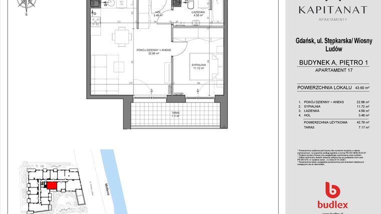 Rzut - Mieszkanie na sprzedaż 2 pokoje o powierzchni 42,76 m² - numer A17 w Kapitanat A